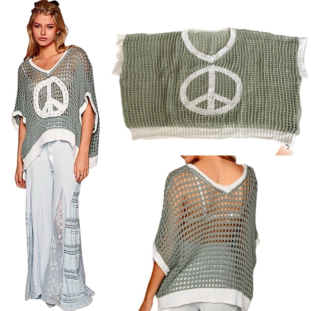 Open Crochet Oversized Peace Sign Shirt Women's Green Knit Top New w/ Tags Sz L - Picture 13 of 16